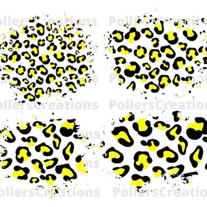 May include: Four digital clipart images of yellow and black leopard print with a distressed, paint-splattered effect.