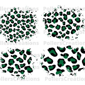 May include: Four digital illustrations of green and black leopard print patterns on a white background. The patterns are in a distressed style with a rough, textured edge.