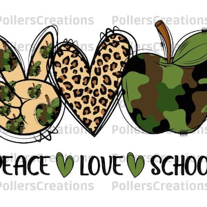 Peace Love School Png, Sublimación escolar Png, Sublimación de camuflaje Png, Primer día de escuela, Maestro, Garabato dibujado a mano, Apple Digital, Clipart de lápiz