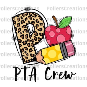 Puede incluir: Gráfico digital con una "P" con estampado de leopardo, una manzana roja con lunares rosas y un lápiz amarillo. Las palabras "PTA Crew" están escritas en negro. Fondo blanco.