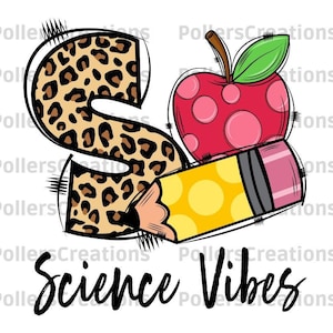 Puede incluir: Una letra S de estampado de leopardo con un lápiz amarillo y una manzana roja con lunares blancos. El texto "Science Vibes" está debajo de los objetos.