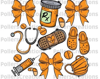 Orange Nurse Coquette Png, Nurse Bow Sublimation designs Hand Drawn