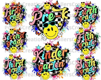 Retro School Grades Bundle Png, Premier jour d'école Png, Enseignant, Téléchargements de conceptions de sublimation