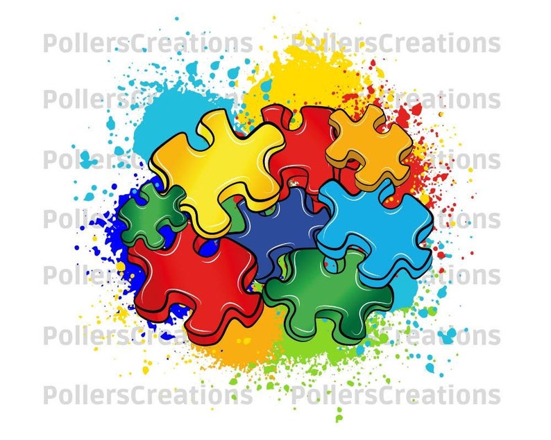 May include: A colorful puzzle piece design with a blue, green, red, yellow, and orange color scheme. The puzzle pieces are set against a white background with colorful paint splatters.