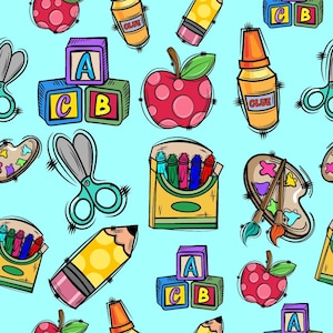 May include: A colorful illustration of school supplies, including crayons, scissors, paintbrushes, apples, glue bottles, and alphabet blocks. The background is a light blue color.
