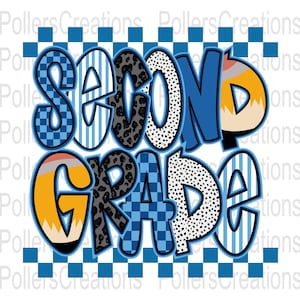 May include: The text SECOND GRADE is displayed in a bold, stylized font with various patterns including blue checkered, blue striped, black leopard print, white with black dots, and yellow pencil designs, framed by blue checkered borders at the top and bottom.