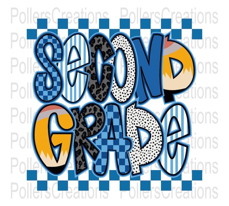May include: The text SECOND GRADE is displayed in a bold, stylized font with various patterns including blue checkered, blue striped, black leopard print, white with black dots, and yellow pencil designs, framed by blue checkered borders at the top and bottom.