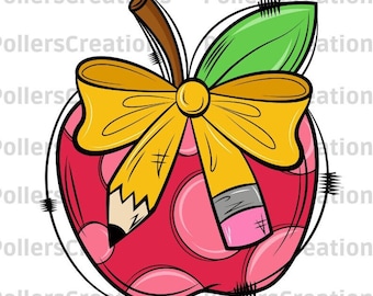 Apple Bow Pencil Png, Girl Apple, Back to School sublimation designs Hand Drawn, Pencil Clipart