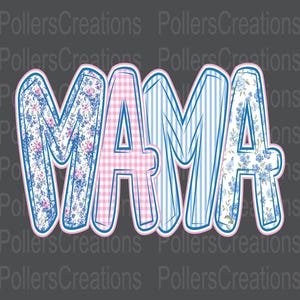 Pode incluir: A palavra MAMA em letras grandes com um padr&atilde;o floral azul e rosa na primeira e na &uacute;ltima letra, um padr&atilde;o de xadrez vichy rosa e branco na segunda letra e um padr&atilde;o de riscas verticais azul e branco na terceira letra.