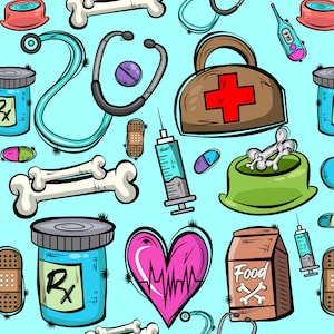May include: A colorful illustration of various pet care items, including a red food bowl, a bone, a stethoscope, a first aid kit with a red cross, a syringe, a heart with a heartbeat line, a bottle of medicine with an Rx label, a bag of food with the word "Food" and crossbones, and a pill.