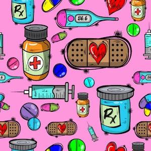 May include: A pink background with a variety of medical supplies, including bandages, pills, thermometers, syringes, and bottles of medicine. The image is a colorful and playful illustration of common medical items.