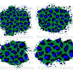 May include: Four digital clipart images of green and blue leopard print with a white background. The leopard print is in a splatter effect.