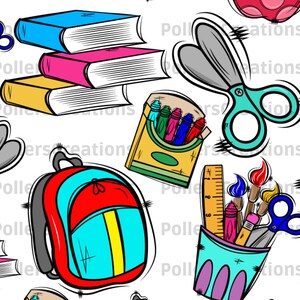 Può includere: Un'illustrazione colorata di materiale scolastico, tra cui uno zaino, libri, matite colorate, forbici e un portapenne con pennelli, matite colorate e un righello. L'illustrazione è su uno sfondo bianco.