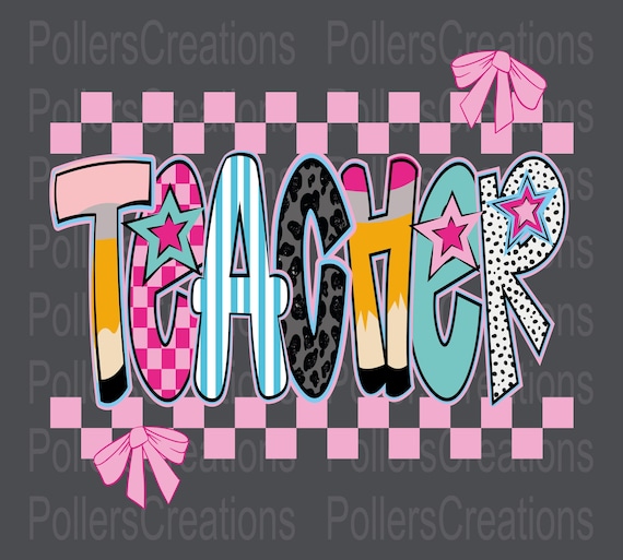 Preppy Teacher png First Day Of School Pencil Coquette Star Lightning Bolt Checker Dalmatian Doodle Clipart sublimation designs Hand Drawn
