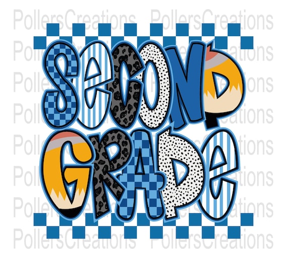 Second Grade PNG, 2nd Grade Shirt Design, First Day Of School, Boy Blue Checker Pencil Clipart Sublimation Designs Digital Download