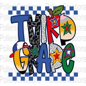 May include: A vibrant graphic for third grade, displaying "THIRD GRADE" in diverse fonts and patterns. The design incorporates an apple, stars, and a baseball cap, set against a blue and white checkered background.