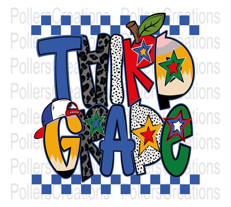 May include: A vibrant graphic for third grade, displaying "THIRD GRADE" in diverse fonts and patterns. The design incorporates an apple, stars, and a baseball cap, set against a blue and white checkered background.