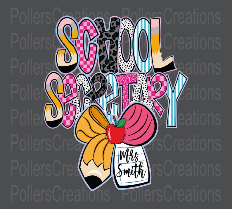 Preppy skolsekreterare png Första skoldagens sekreterare anpassat namn lärare kokett checker dalmatiner doodle sublimeringsdesigner png bild 1
