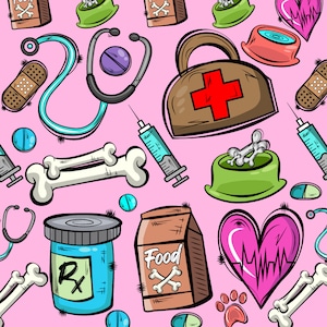 Può includere: Uno sfondo rosa con una varietà di immagini di cartoni animati colorati relative alla cura degli animali domestici. Le immagini includono uno stetoscopio, un osso, un cuore, un kit di pronto soccorso, una siringa, un flacone di pillole, un sacchetto di cibo e una ciotola per cani. Il testo "Food" è visibile sul sacchetto di cibo.
