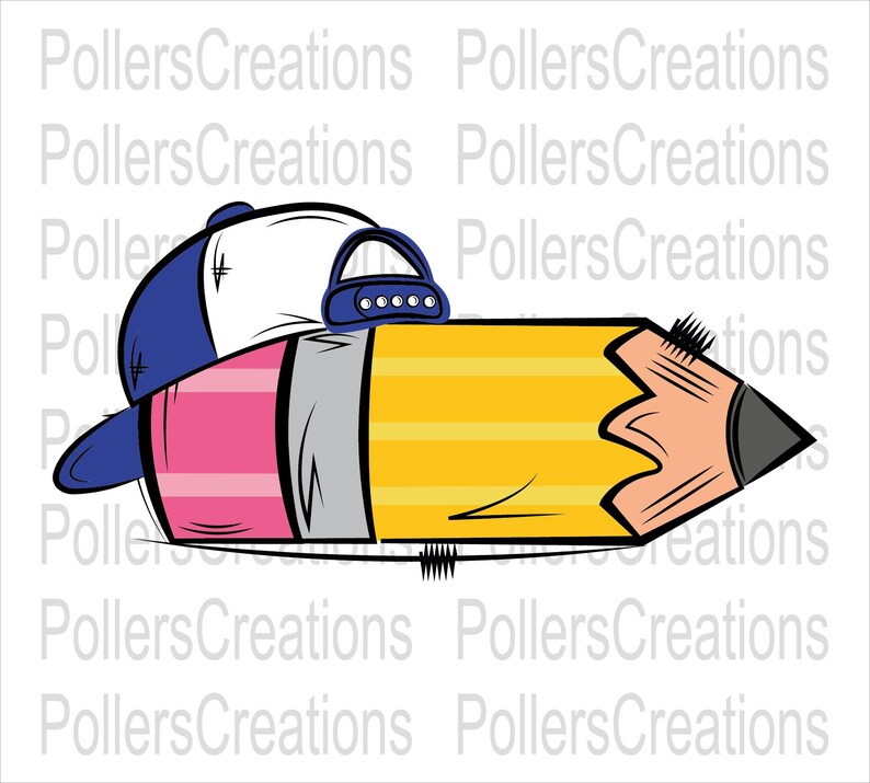 Op de afbeelding: Een cartoonafbeelding van een gele potlood met een blauw-witte baseballpet. Het potlood heeft een roze gum en een lichtbruine punt. De achtergrond heeft herhaaldelijk de tekst "PollersCreations".