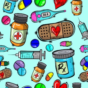 Pode incluir: Uma ilustração colorida de diversos suprimentos médicos, incluindo pílulas, bandagens, termômetros, seringas e frascos de medicamentos. A ilustração apresenta um fundo azul com uma variedade de cores e padrões.