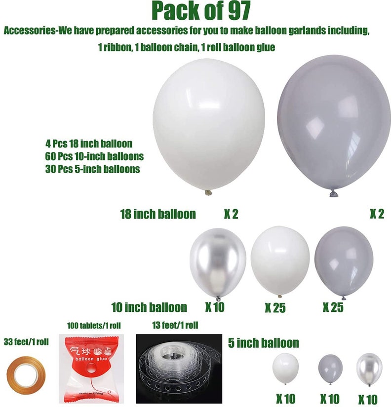 97 ps Metallic Silver Gray White Latex Balloons18 inch/10 image 3