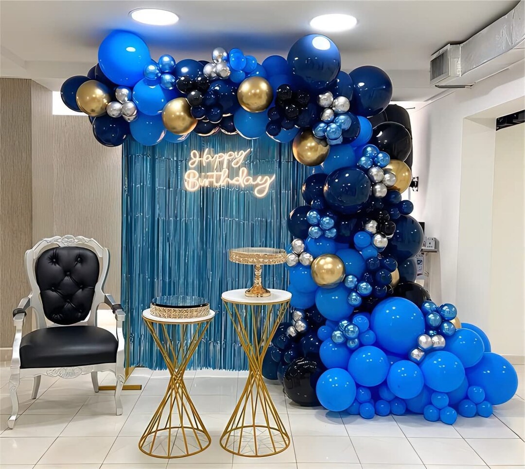 Blue Silver and Black Balloons Garland Kit Navy Blue Gold Etsy