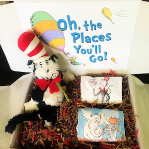 Dr. Seuss Cat in the Hat thema geschenkdoos voor baby shower moederdag (onesies, knuffels en aangepaste kaart) Oh de plaatsen waar je naartoe gaat!