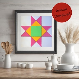 May include: A framed print of a colorful quilt block design. The block features a star shape with pink, yellow, and green triangles. The background is a light blue.