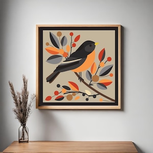 Puede incluir: Una ilustración enmarcada de un pájaro negro y naranja posado en una rama con hojas rojas, naranjas y grises. El fondo es de color beige claro.