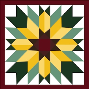 May include: A quilt block with a star design in shades of yellow, green, and brown. The star is surrounded by a burgundy border.