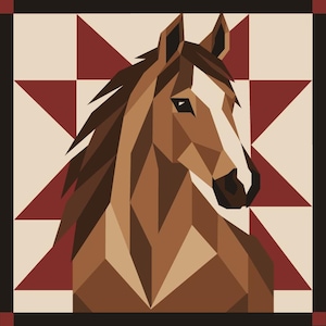 May include: A square graphic illustration of a horse head rendered in a geometric style with shades of brown, tan, and dark brown. The horse is set against a background featuring a large, eight-pointed star pattern in deep red and cream colors.