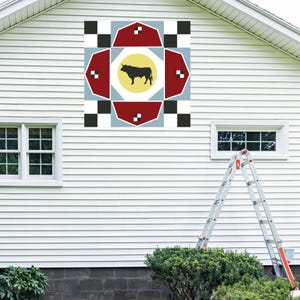 Stier in Scheune Quilt Block-Muster: Rustikales Bauernhaus Dekor (PDF, SVG)