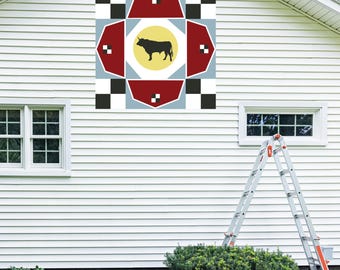 Bull in Barn Quilt Block Pattern: Rustic Farmhouse Decor (PDF, SVG)
