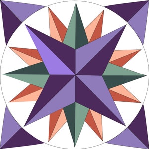 May include: A multi-coloured starburst design with a purple, green and orange colour scheme. The starburst is centred in a white circle with a purple border.