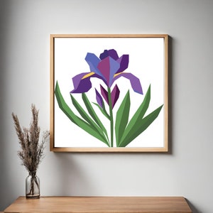 May include: A geometric illustration of a purple iris flower with yellow accents. The flower is depicted in a stylized, abstract style with sharp angles and flat planes. The background is white.