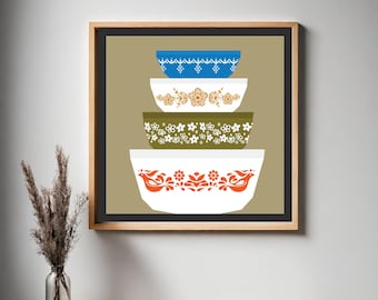 Vintage Bowls Barn Quilt Pattern | Retro Kitchen Quilt Block | 12x12, 24x24, 48x48 + Grid PNG + Color Chart | Digital PDF Download