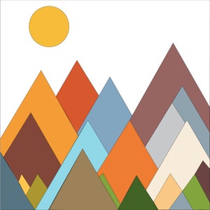 May include: Abstract geometric mountain landscape with a yellow sun in the top left corner. The mountains are made up of triangles in various shades of orange, red, brown, blue, green, and beige.