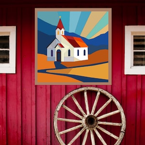 Puede incluir: Una ilustración geométrica colorida de una iglesia con una cruz en la parte superior, sobre un fondo de cielo azul con rayos de luz amarillos y naranjas. La iglesia es blanca con detalles rojos y azules. El fondo es un paisaje con colinas verdes y un cielo azul.