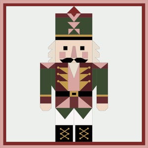 May include: A geometric nutcracker illustration featuring a soldier in a green, maroon, and light pink uniform. The figure wears a tall hat, a jacket with gold accents, a black moustache, and black boots with gold laces, all framed by a dark red border.