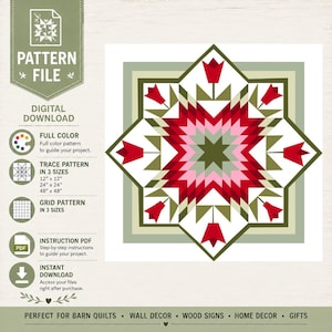 May include: A digital pattern file for a quilt design featuring a central star motif surrounded by eight red tulip shapes. The geometric pattern uses shades of red, pink, white, and olive green. Text includes PATTERN FILE, DIGITAL DOWNLOAD, and sizes 12x12, 24x24, and 48x48 inches.