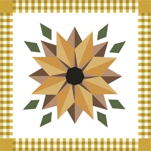 Op de afbeelding: Geometrische illustratie van een zonnebloem met gele, bruine en groene elementen. De bloem is gecentreerd op een witte achtergrond, omlijst door een geel-witte geblokte rand. Het ontwerp doet denken aan een quiltblok.