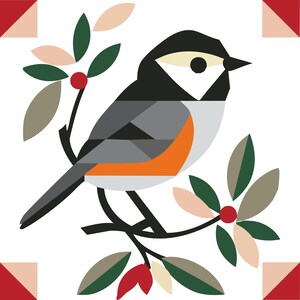 May include: A stylised illustration of a bird perched on a branch with green, brown and pink leaves. The bird has a black head, grey body and orange breast.