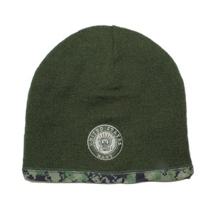 May include: A green knit beanie with a camouflage brim and a white embroidered patch that says "United States Navy".
