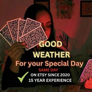 May include: A set of tarot cards with intricate black and white patterns held in a fan shape. Text overlay reads: GOOD WEATHER For your Special Day SAME DAY ON ETSY SINCE 2020 15 YEAR EXPERIENCE. The scene is illuminated by a warm red light.