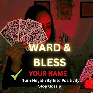 May include: A set of tarot cards with intricate black and white patterns held in a fan shape. The text WARD & BLESS YOUR NAME, Turn Negativity Into Positivity, Stop Gossip is displayed in white and red lettering over the cards and dark background.