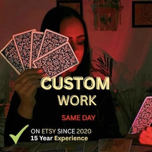 May include: A set of tarot cards with intricate black and white patterns held in a fan shape. Text overlay reads CUSTOM WORK, SAME DAY, ON ETSY SINCE 2020, and 15 Year Experience. The scene is illuminated by a dim red light with plants visible.
