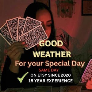 May include: A set of tarot cards with intricate black and white floral patterns held in a fan shape. Text overlay reads: GOOD WEATHER For your Special Day SAME DAY ON ETSY SINCE 2020 15 YEAR EXPERIENCE with a green checkmark icon.