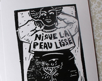 Feministischer Druck „Fuck Smooth Skin“, A5-Linolschnitt, von Hand gezeichnet und gedruckt