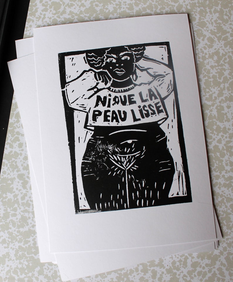 Print féministe Nique la peau lisse, linogravure A5 dessinée et imprimée à la main image 1